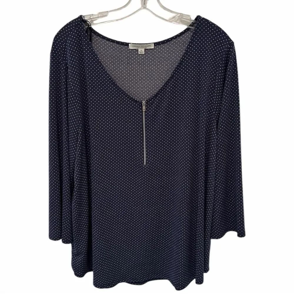 Green Envelope Navy and White Dotted Long Sleeve Top